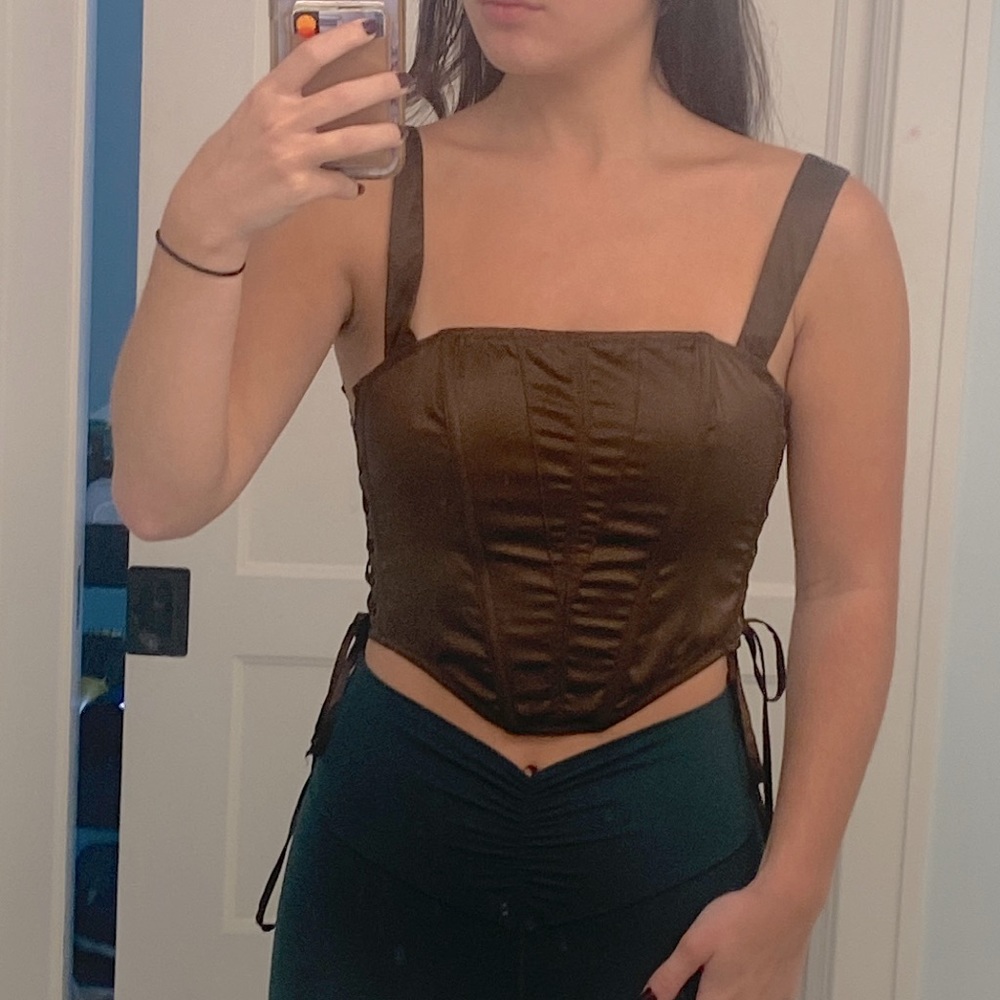 Brown satin lace up corset top